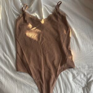 American Eagle Outfitters Ribbed Lace-Trim Bodysuit - Tan